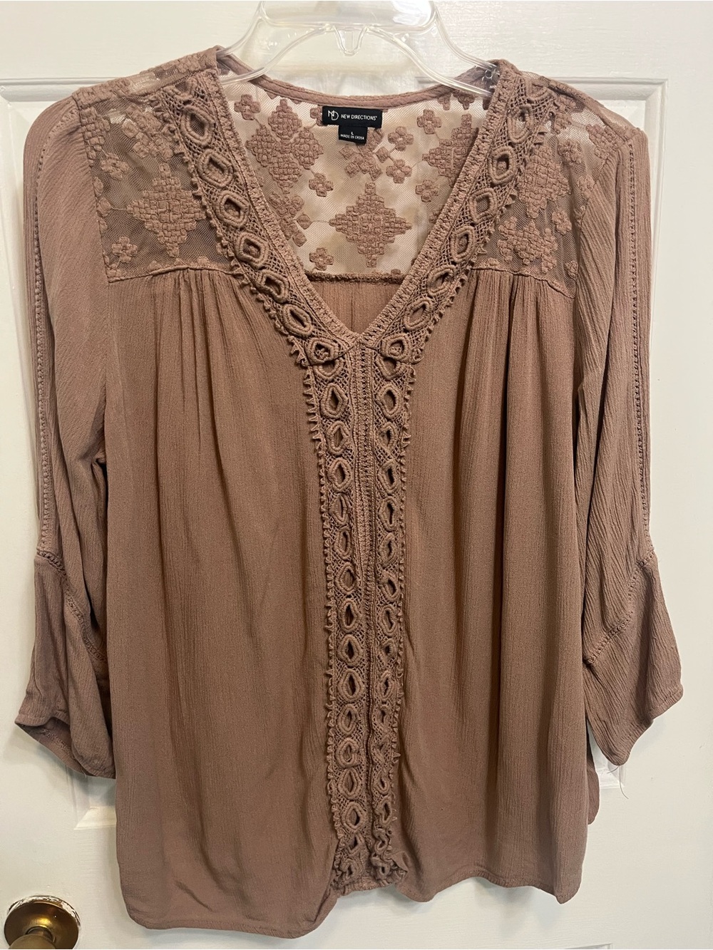 new directions Lace Yoke Boho Peasant Blouse Brown L GUC - Picture 1 of 6